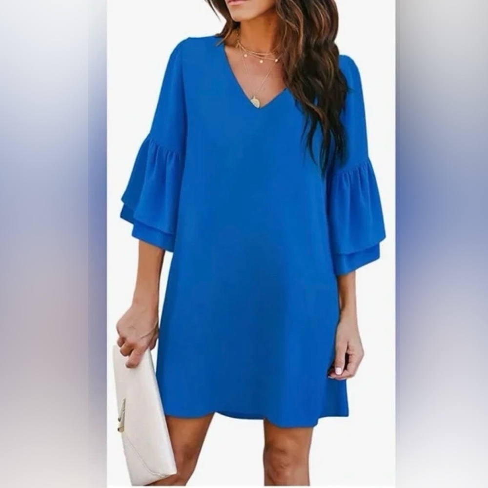 BELONGSCI Women's Dress Sweet Cute‎ V-Neck Bell Sleeve Shift Dress Mini Dress Lg